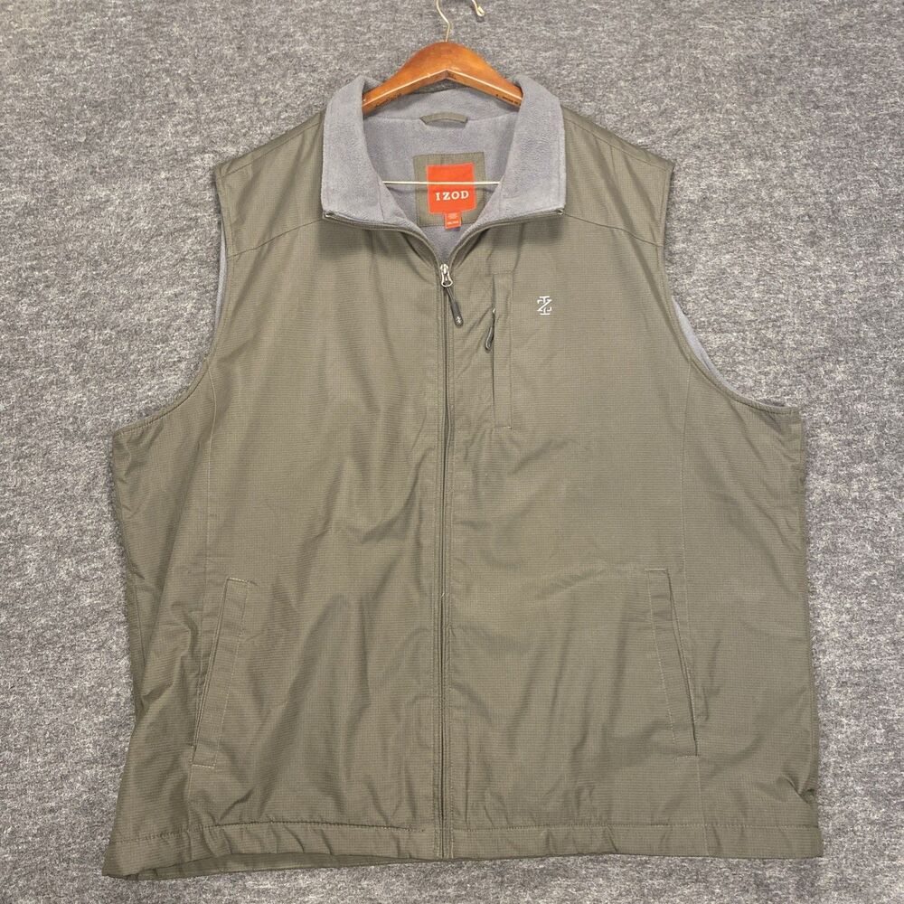 IZOD Vest Men XXL Olive Full Zip Fleece Lined Windbreaker Chest Pocket Outerwear